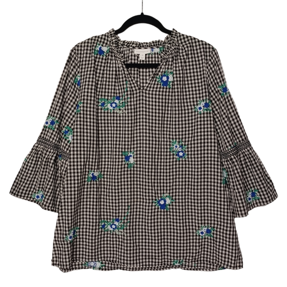 CHARTER CLUB Embroidered Blue Floral Black White Gingham Plaid Print Top 2X